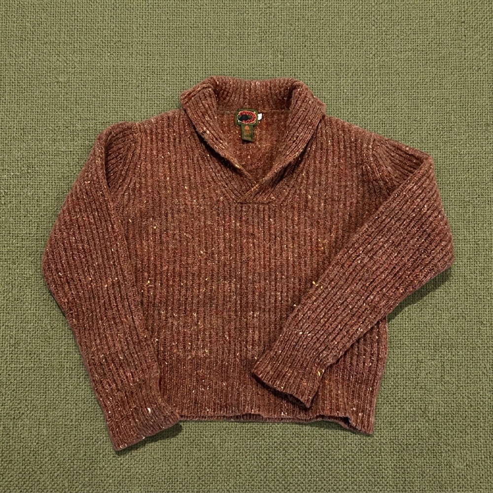Vintage 90s Boston Traders 100% Wool Donegal Sweater Shawl Collar Brown L